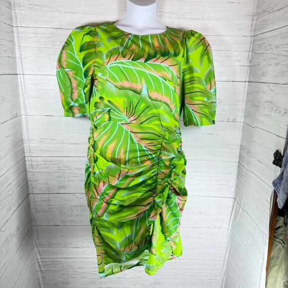 Farm Rio Anthro Large lime green floral tropical dress resort vacation fall - Picture 1 of 13